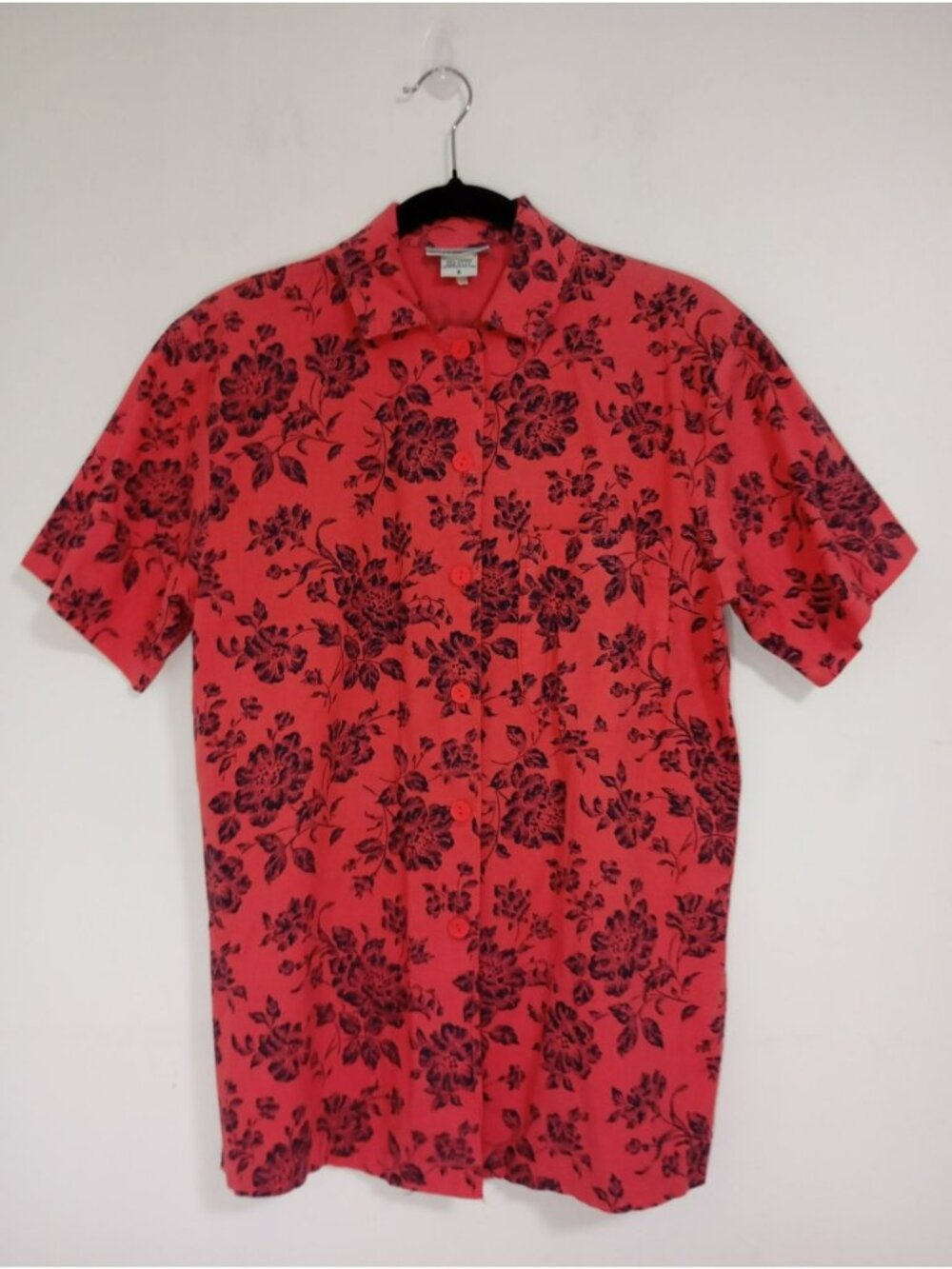 Vintage Sunbelt Red Floral Short Sleeve Button-Up Shirt 100% Cotton Size S Women